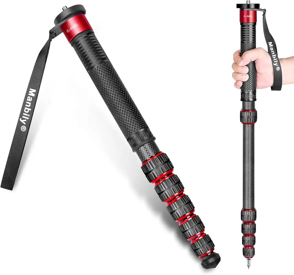 Manbily 32mm Einbeinstativ Carbon für Kameras 44cm-174cm Kohlefaser Monopod Stativ DSLR Reise-Einbeinstativ 6 Abschnitte Wanderstöcke Max. 15KG, 1/4 & 3/8 Zoll für Videokamera (Rot)