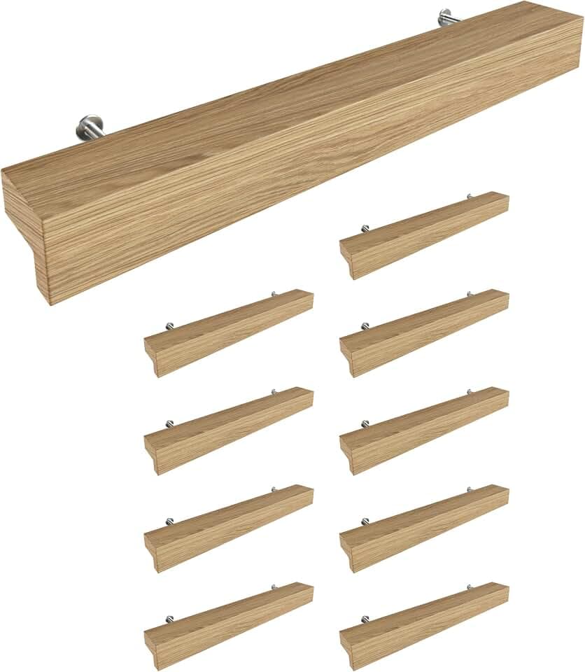 Sossai Holz Möbelgriffe aus Eiche | GAH01 | Lochabstand 128mm, Länge 188mm, 10 Stück
