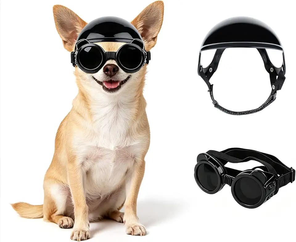 Enjoying Dog Helmets for Small Dogs, XSmall Dog Helmet with Goggles Outdoor Cycling Hiking, Windproof Dustproof, Puppy Helmets with Ear Holes, Adjustable Straps, Easy to Put On, XS