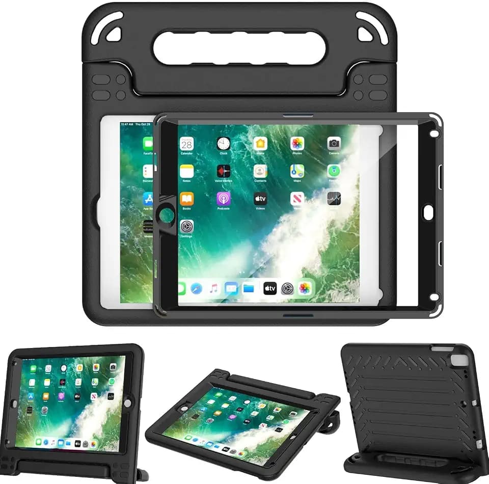 AVAWO Kids Case for iPad 9.7 2017/2018 & iPad Air 2 with Built-in Screen Protector - Light Weight Shock Proof Convertible Handle Stand Friendly Kids Cover for 9.7 iPad 5th & 6th Gen, Black