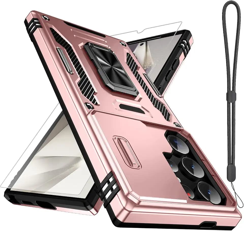 AFARER Handyhülle für Samsung Galaxy S25 Ultra, Magnetisch Hülle mit Kameraschutz und Ring Ständer, Robust Fallschutz Case, Mit Displayschutzfolie und Lanyard Cover für S25 Ultra 6.9"-Roségold