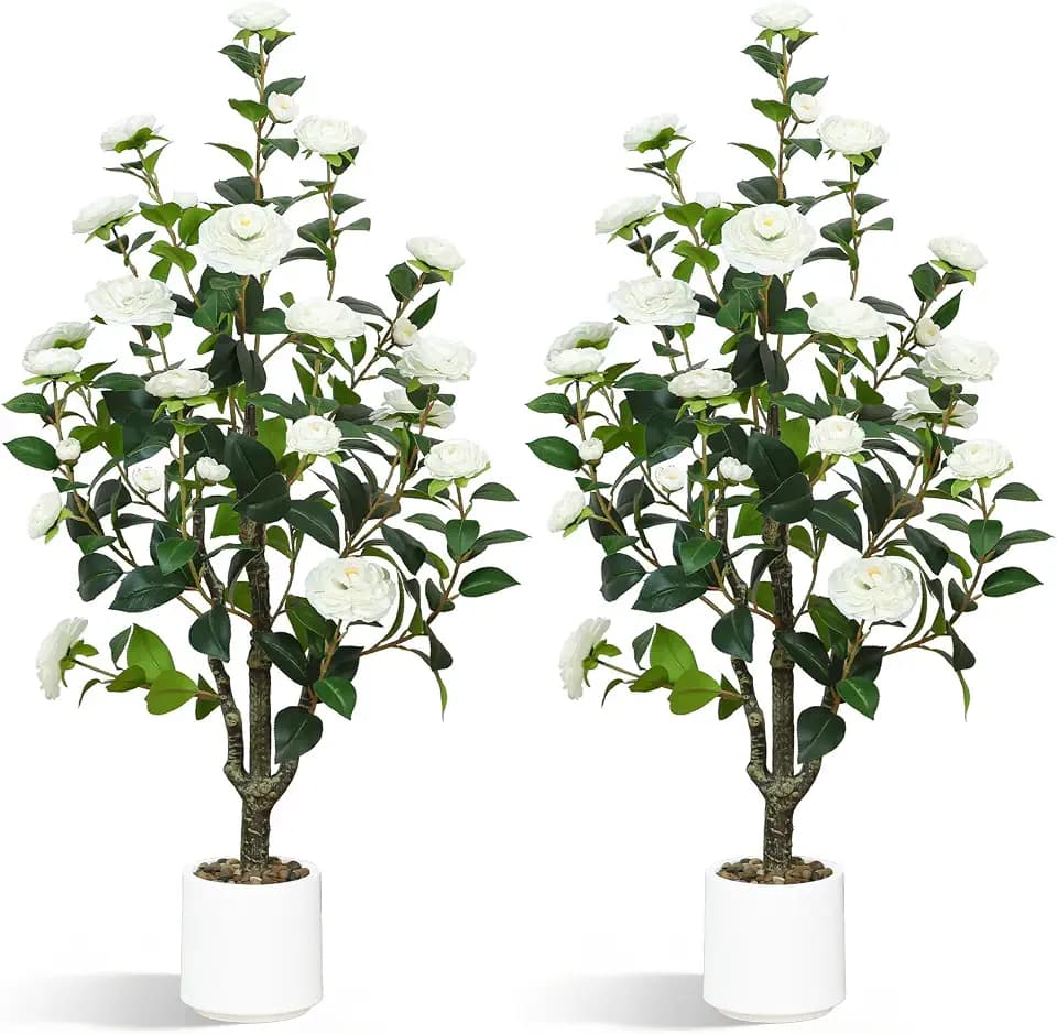 UPBUD Artificial Camellia Tree 2 Pack, 3.6FT Tall Fake Camellia Plant