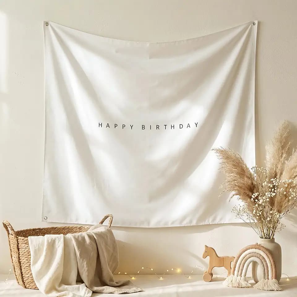 Moukeren 5 x 5 ft Boho Happy Birthday Backdrop Fabric Door Banner
