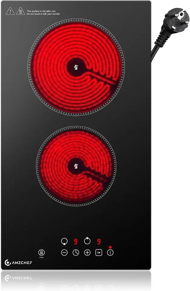 AMZCHEF Glaskeramikkochfeld 2 Platten, 3200W Kochfeld 2 Platten mit 9 Leistungsstufen, 2-in-1 Freistehend-/Einbau-Design, Touch-Steuerung, Mattierte Glasoberfläche, Kompatibel mit Allen Kochgeschirren