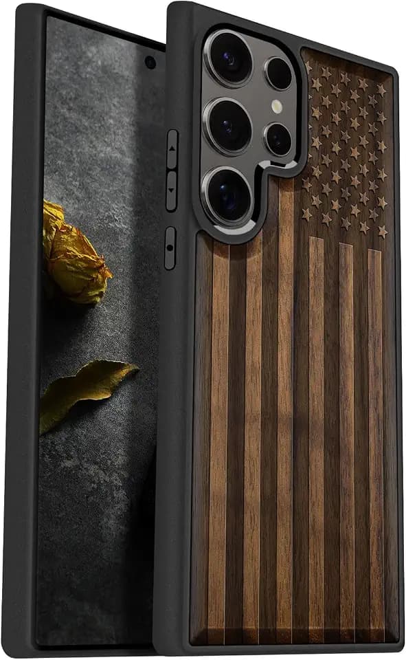 Carveit Wood Case for Galaxy S25 Ultra Case, (American Flag-Walnut)