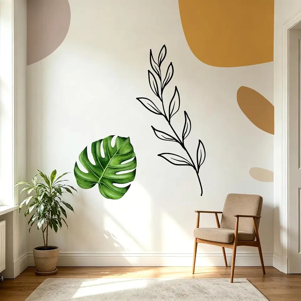 Tropical Monstera Leaf Wall Decal - Modern Abstract Plant Stickers with Geometric Shapes - Boho Minimalist Wall Decor Art for Bedroom, Living Room, Nursery - Removable Vinyl Mural for Home Decor