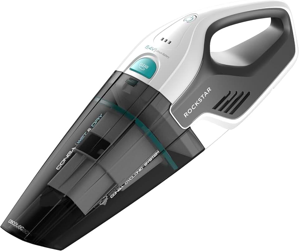 Cecotec Kabelloser Handstaubsauger Conga Rockstar Hand 8,4 V X-Treme. 50W, 4,5kPa, 8,4 V Lithium-Ionen-Batterie, Zyklontechnologie ohne Beutel, Feststoffe und Flüssigkeiten, 500ml Behälter, Zubehör