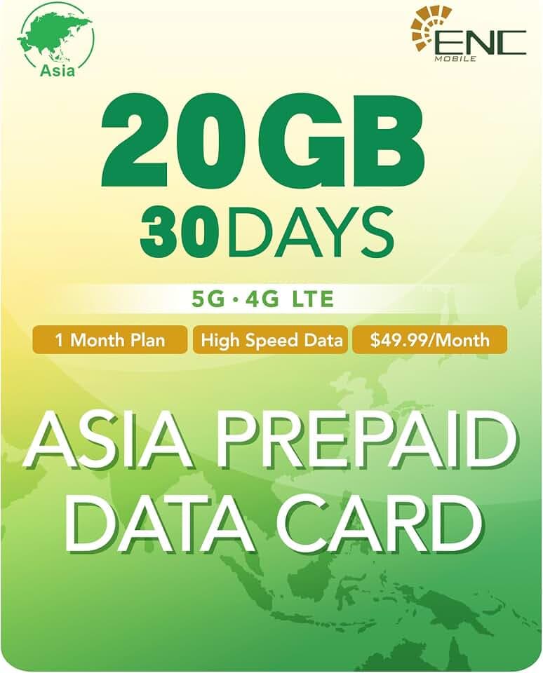 Asia Data Only Sim Card 20GB 30 Days 5G/4G LTE, High Speed China Prepaid Data SIM Card, 3 in 1 Japan Travel Sim Card for 12 Asian Destinations - Korea, Singapore, Thailand, Indonesia, HK