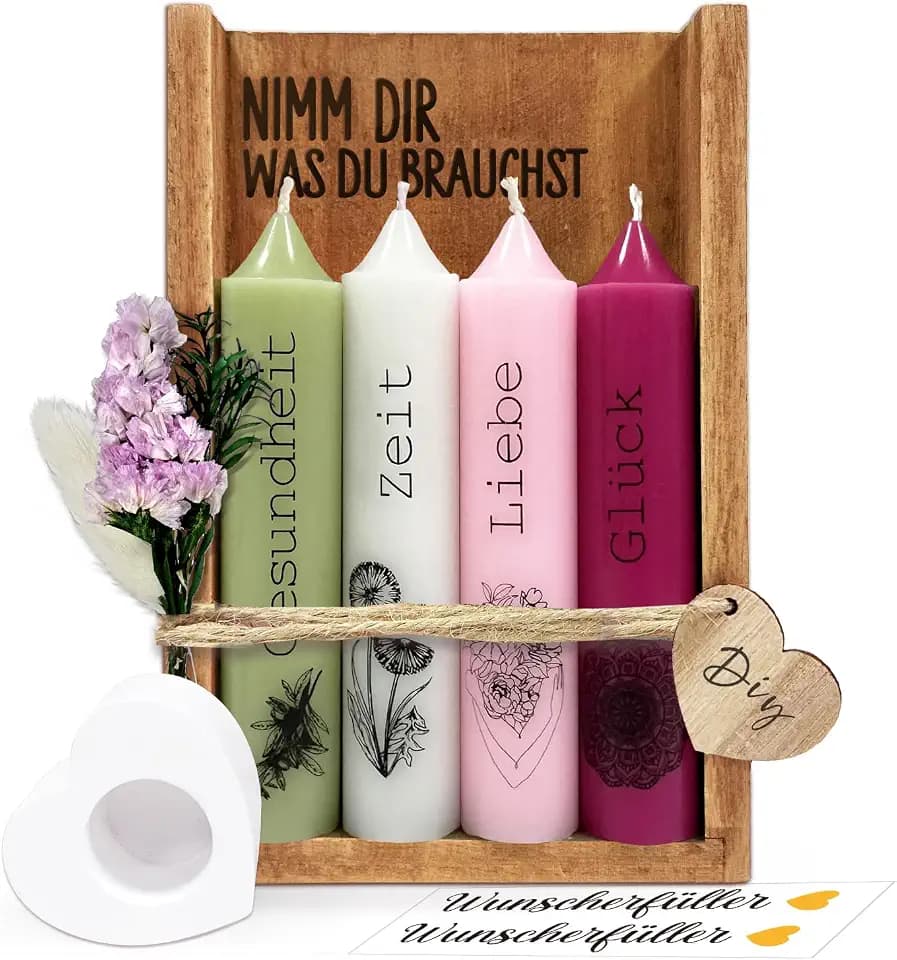 Nimm dir was du brauchst Kerzen Geschenkset, Geburtstagsgeschenk für Frauen Freundin Schwester, Kerzen mit Spruch Deko Kerzenhalter Set mit Holzbox Trockenblumen Geschenkidee Wunscherfüller
