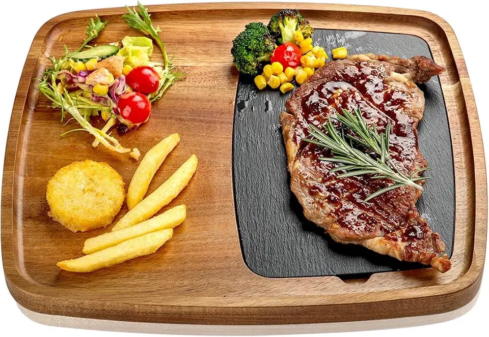 Servierbrett aus Akazienholz mit Schieferplatte, Steakbrett Holz Schiefer Serviertablett, Servierplatte für Steak, Sushi, Käse, Burger
