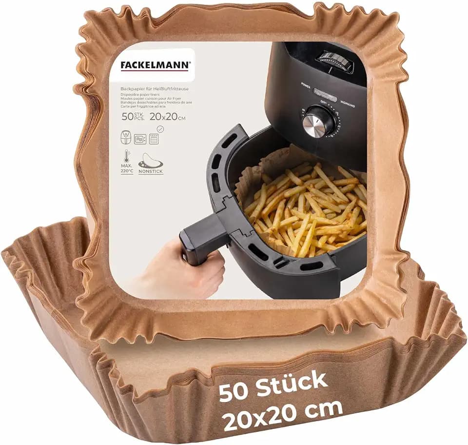 Fackelmann Backpapier für Heißluftfritteuse, 20 cm eckig, beschichtet, öl- & wasserfest, 50 Stück – Perfekt für fettige & dickflüssige Speisen