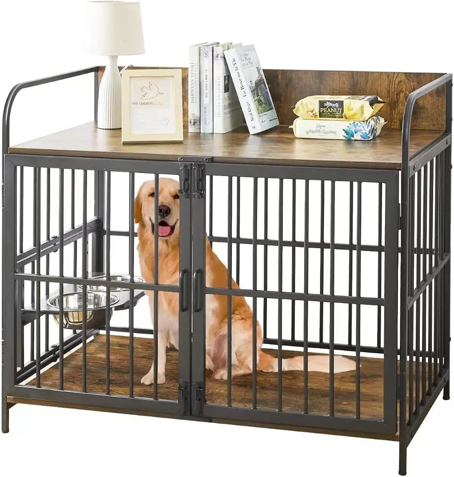 Dog Crate Furniture for Medium Dogs, 41" Clearance Dog Kennel Indoor with Double Doors, Heavy Duty Kennel Furniture with 2 Stainless Steel Bowls, Indoor Use, 41" L X 24" W 36" H
