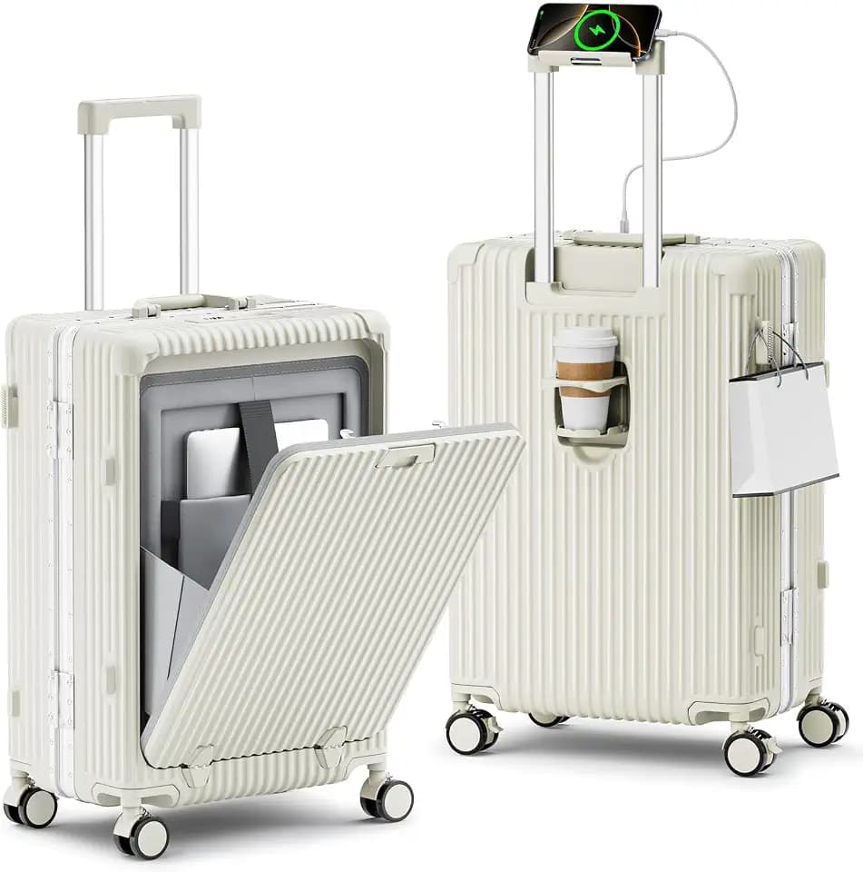 20 Inch Aluminum Frame Carry On Luggage with Front Pocket, USB Port, Phone Holder & Cup Holder, Hard Shell Spinner Suitcase for Airplane Travel, White