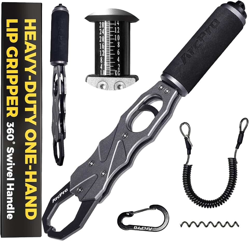 2-in-1 Fish Lip Gripper, One-Finger Operation Aluminum Alloy Fish Gripper with Scale, 60lb Weighing Fish Grabber for Large Fish, 360° Swivel Handle, Corrosion-Resistant for Saltwater & Freshwater