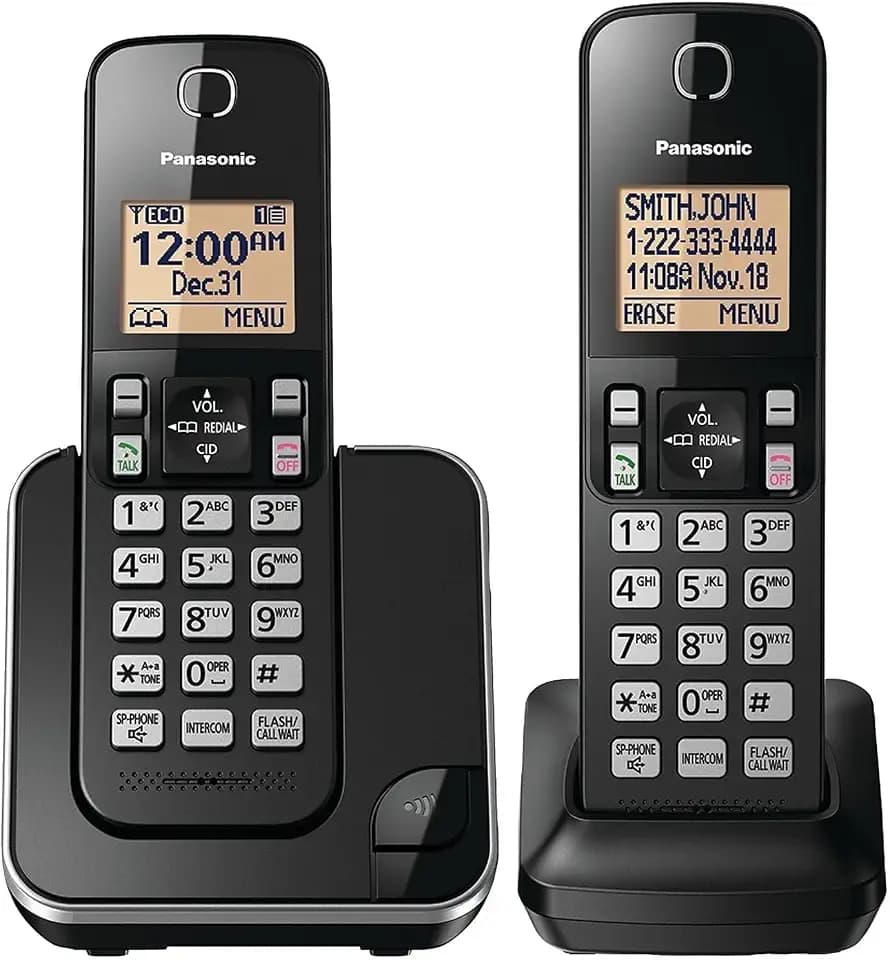 Panasonic Cordless Phone 2 Handsets System Expandable with Amber Backlit Display – KX-TGC352B (Black)