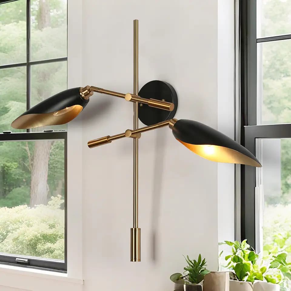 KSANA Modern Black and Gold Wall Sconce, 2-Light Adjustable Brass Wall Light for Bedroom, Hallway and Living Room