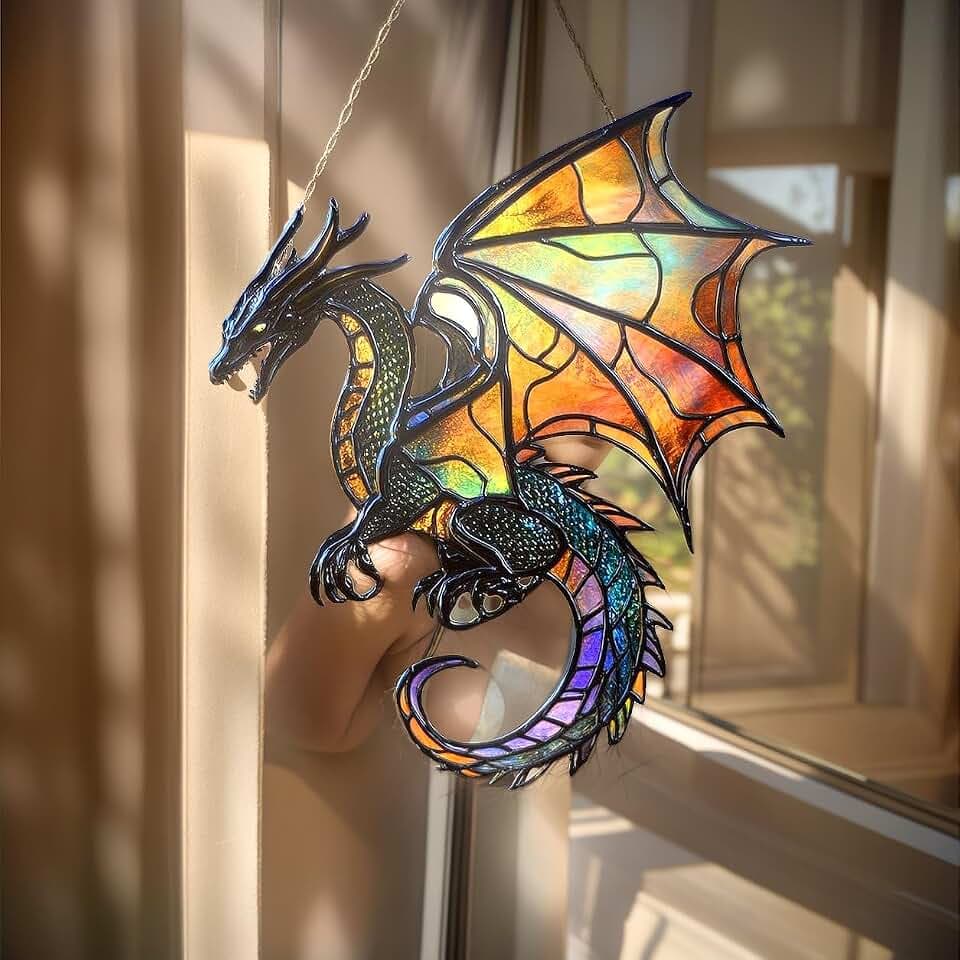 Fantasy Dragon Acrylic Suncatcher Size 6 inches, Boho Stained Glass Effect Window Hanging Ornament, Garden Decor, Gift for Mother's Day