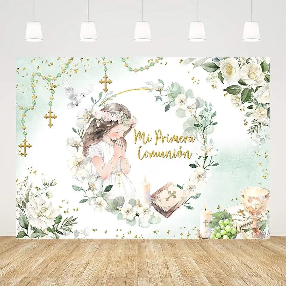 AIBIIN 7x5ft Mi Primera Comunion Backdrop for Girl Baptism Christening Photography Background God Bless First Holy Communion Mi Bautizo Floral Party Decorations Banner Photo Props
