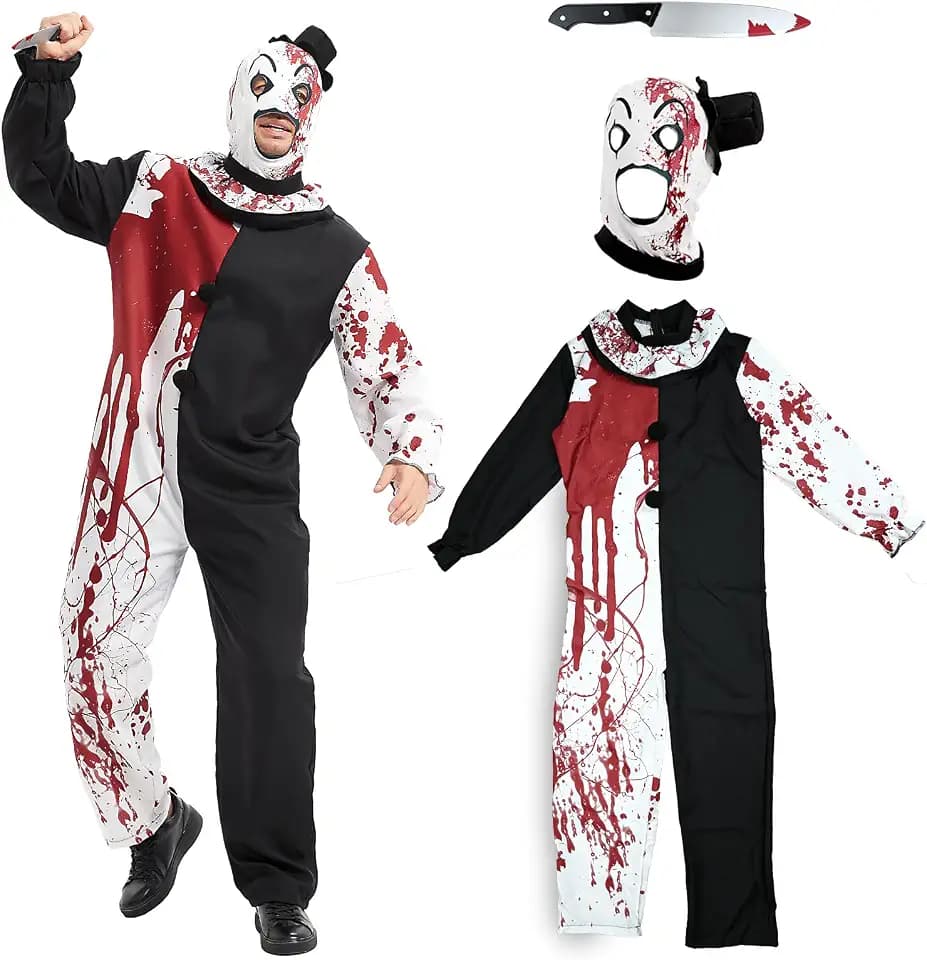 FORMIZON Art Clown Kostüm, Halloween Kostüm Herren Horror Clown, Schwarz Weiß Clown Jumpsuit, Kostüm Killer Set Erwachsene mit Hut Dolch, Terrifier Clown Cosplay Halloween Karneval Party