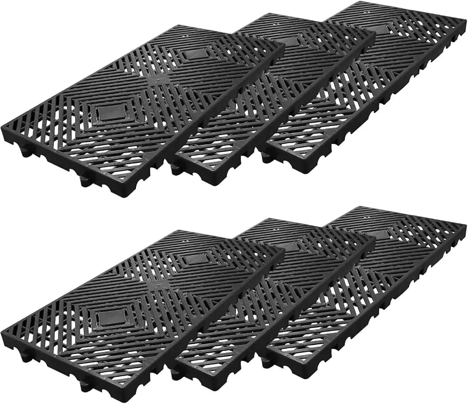6Pcs Black Plastic Pallets, 11.8"X23.6" Lightweight Drainage Deck Tiles, Interlocking with Breathable Grids Storage Pad for Basement Storage, Indoor and Outdoor