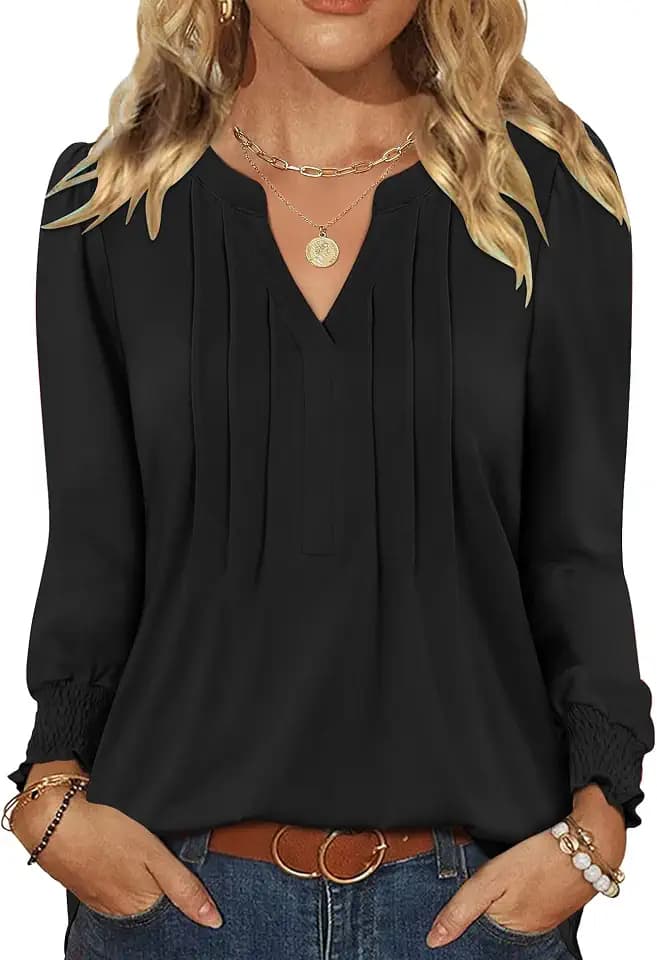 LOMON Womens Tops Dressy Casual Pleated Ruffle Long Sleeve Tunics Tops to Wear with Leggings V Neck Work Blouse
