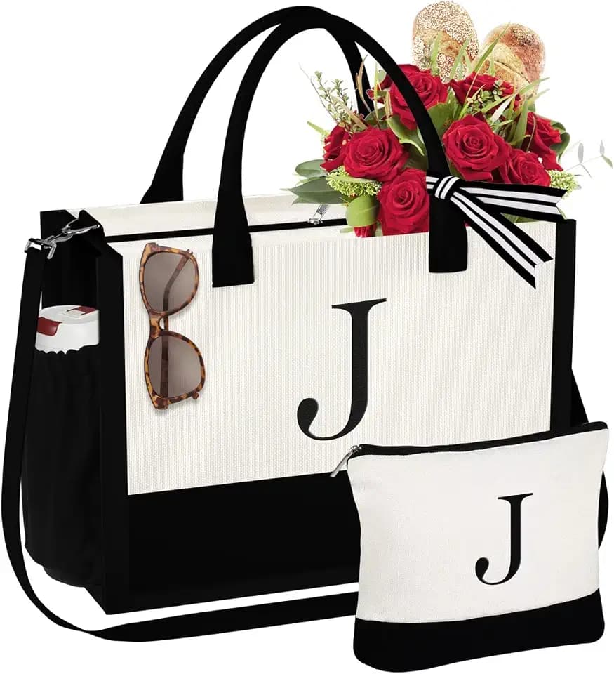 YOOLIFE Personalized Gifts for Women Initial Canvas Tote Bag Makeup Bag