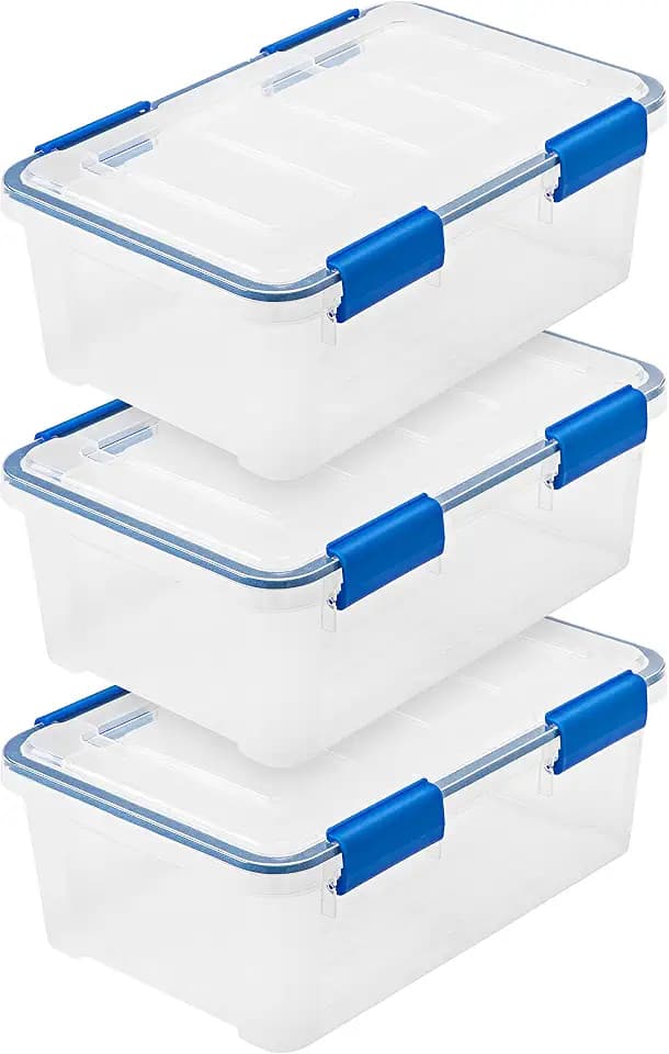 IRIS USA 3-Pack 16 Qt Storage Bins with Gasket Lids, Clear/Blue