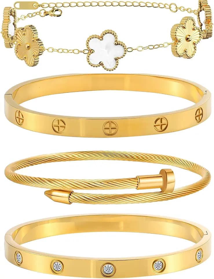 Womens Stackable Floral Gold Bracelets - 4Pcs 18K Gold Plated Bracelet,Stainless Steel Bangle Bracelets Non Tarnish, Gold Bracelet Set Trendy Jewelry,Christmas Valentines Birthday Gifts for Girlfriend