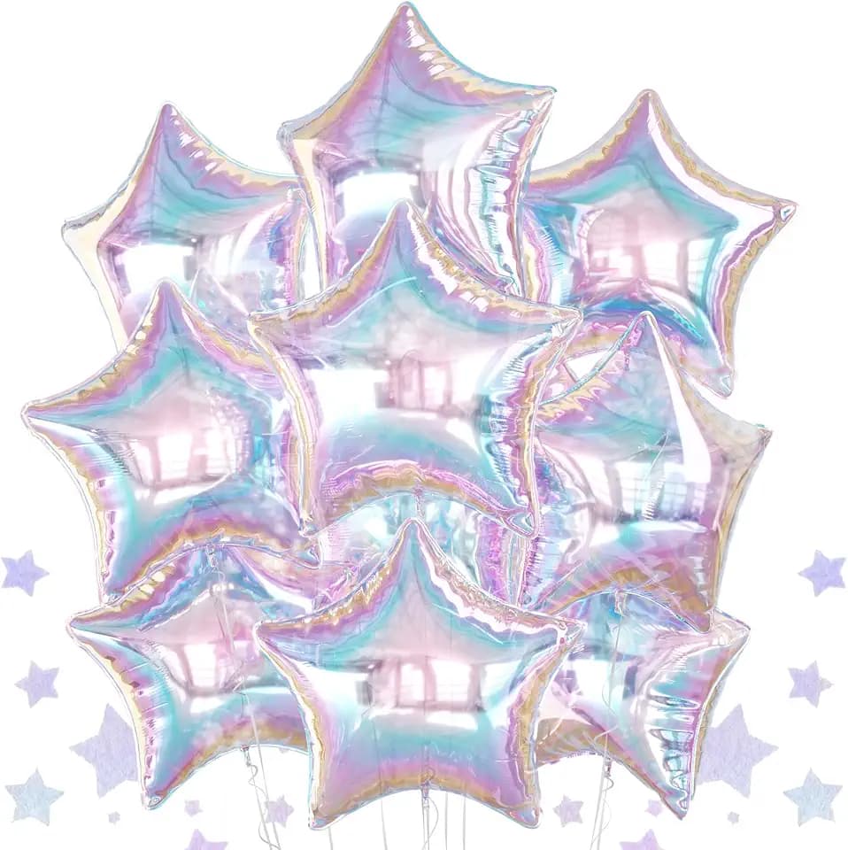 Iridescent Star Balloons, 10 Pcs Rainbow Foil for Birthday Baby Shower