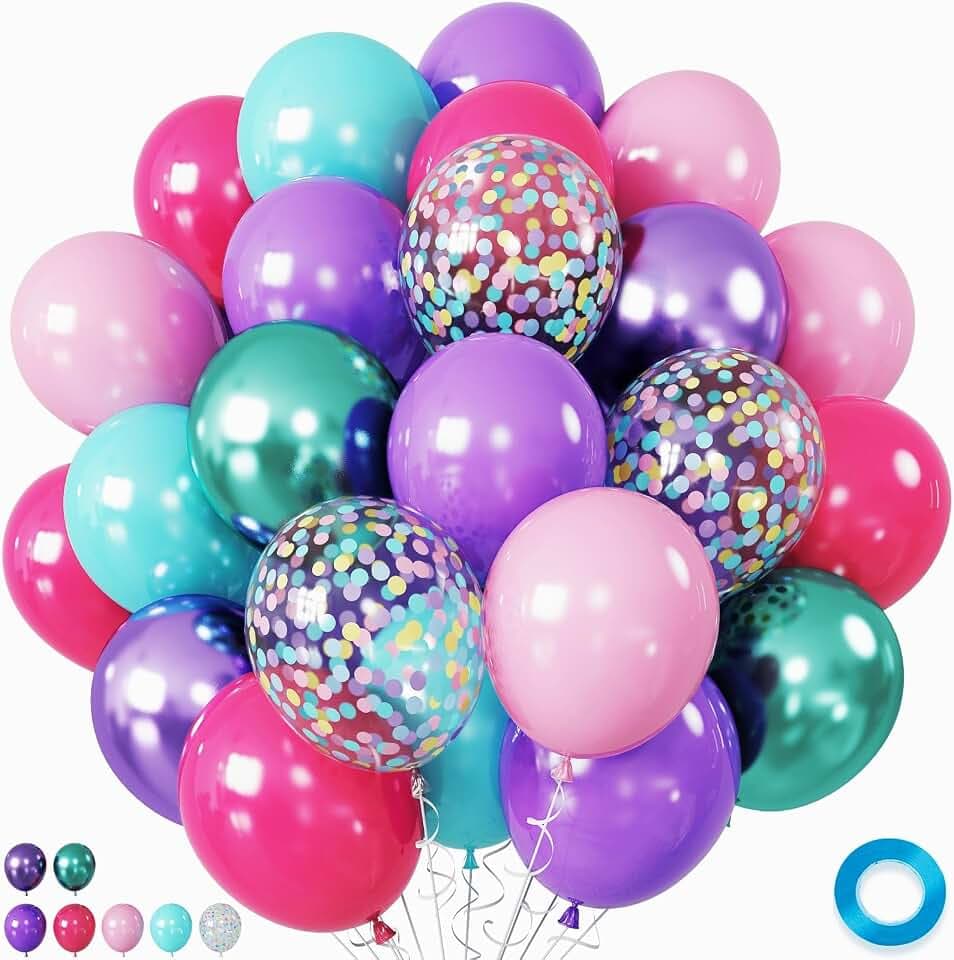 Hot Pink and Purple Balloons, 12 Inch Purple Pink Teal Blue Mermaid Balloons, Metallic Purple Green Confetti Balloons for Girls Under The Sea Party Balloons Pink and Purple Birthday Decorations
