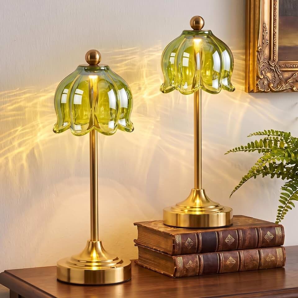 Set of 2 Cordless Green Glass Tulip Table Lamp