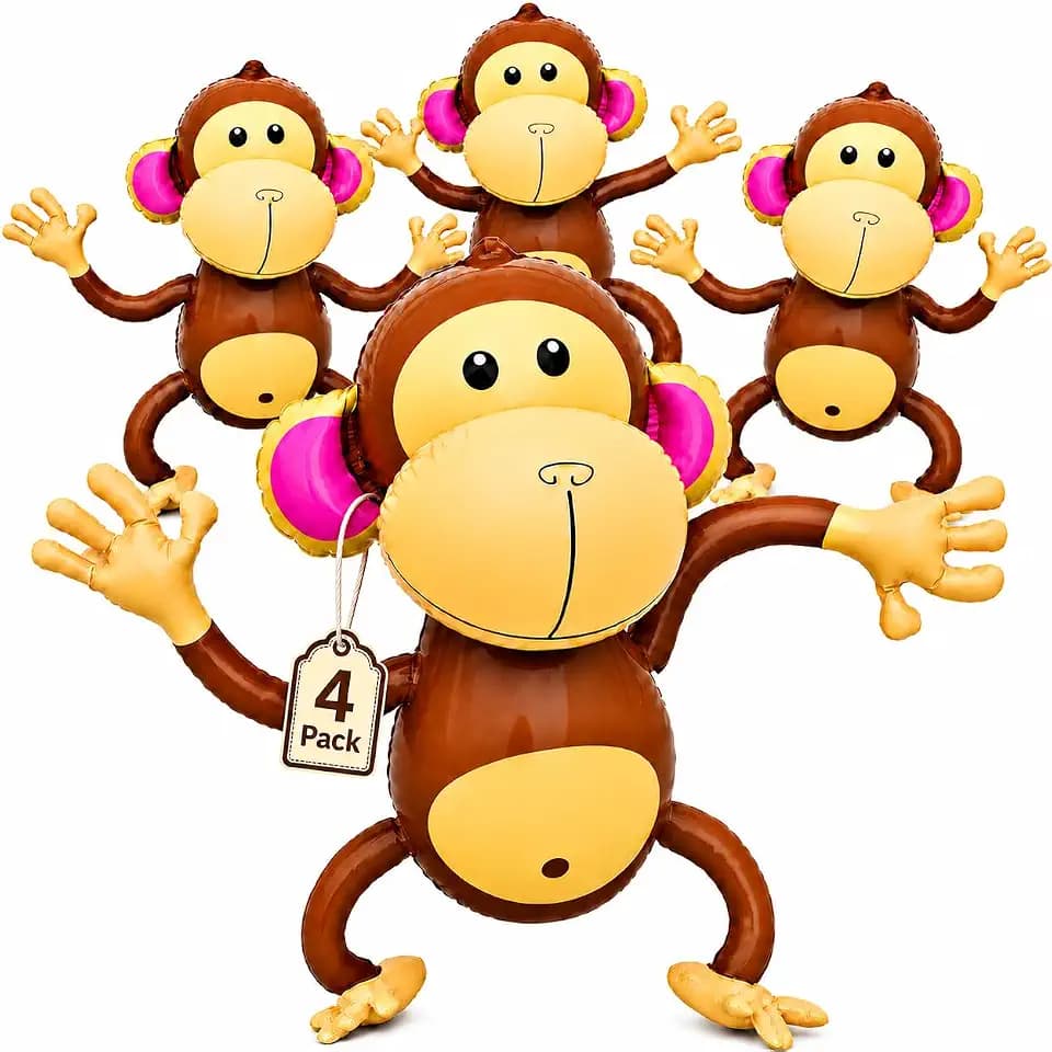 4E's Novelty Inflatable Monkeys - Pack of 4-27 Inch Large Monkeys Inflatables for Jungle Decor, Safari Birthday Decorations, Kids Animal Party Supplies, Baby Shower Favors