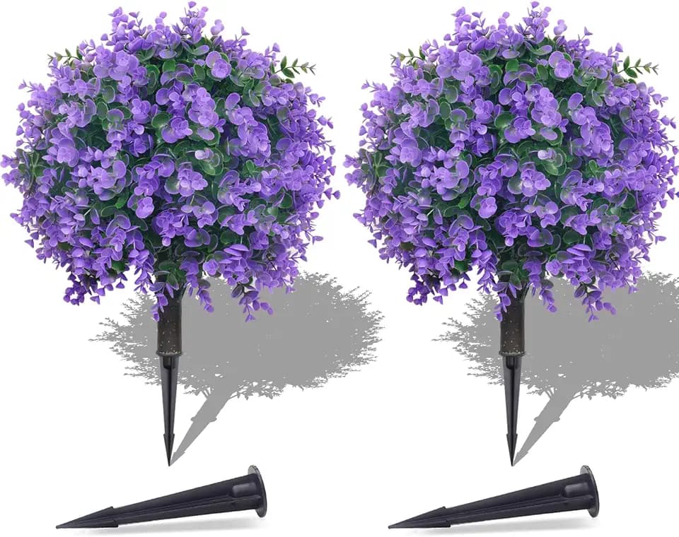 PATIO CHOICE Topiary Trees Artificial Outdoor Boxwood Ball Trees with Lavender Set of 2 22" Artificial Faux Plants Realistic Bushes Fake Shrubs Decorations for Outdoor Indoor Front Porch Garden