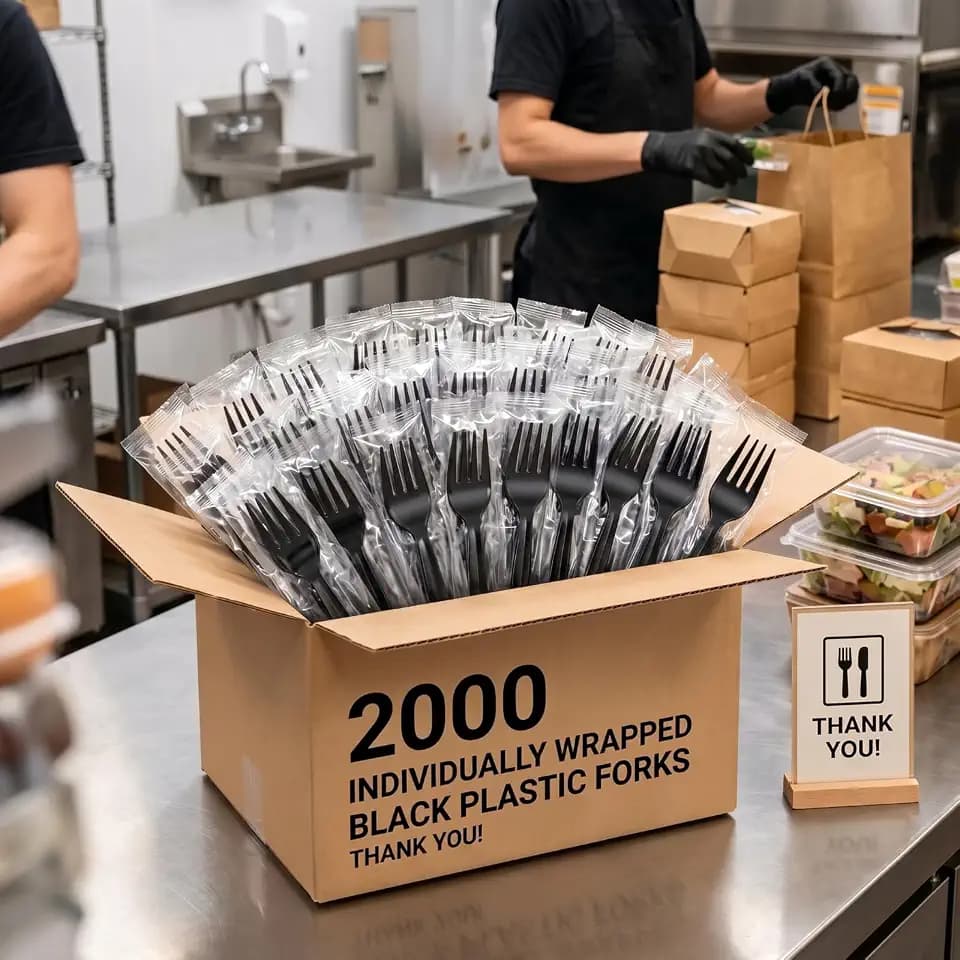 Mifoci 2000 Count Black Disposable Forks, Individually Wrapped 6 Inch Heavy Duty Plastic Forks, Food Grade PS Bulk Cutlery for Restaurants, Catering, Takeout, Food Trucks, Buffet and Events