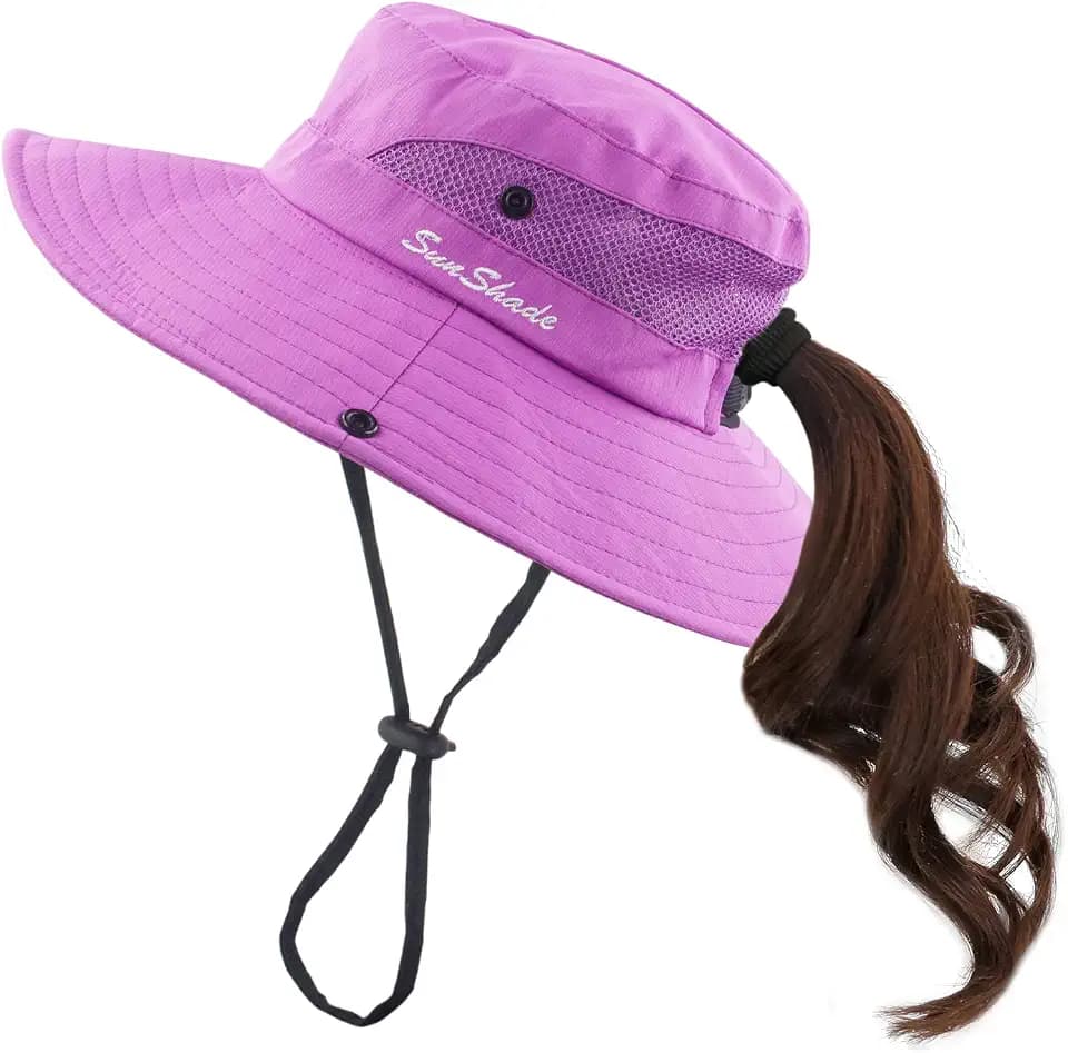 Muryobao Women's Ponytail Sun Hat UV Protection Foldable Mesh Wide Brim Beach Fishing Hat