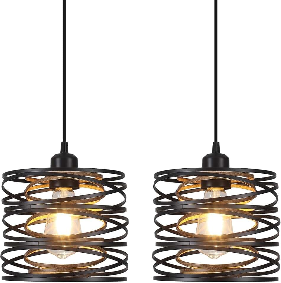 Pendant Lights Kitchen Island - Metal Hanging Light Fixtures Wood Farmhouse Pendant Lighting for Dining Room Bedroom Bar Office, Industrial Black, 2 Pack - ETL Certified