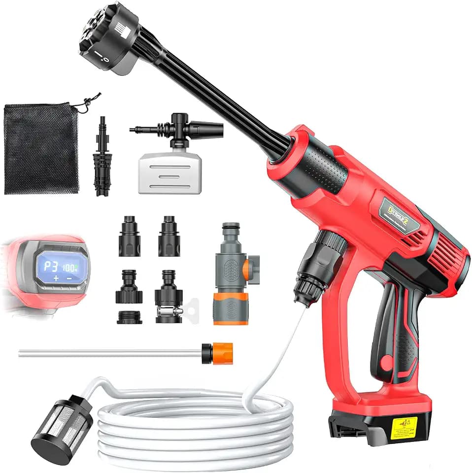 DIYtoolifz Cleaning Tool Compatible with Milwaukee 18V Battery, 2.2LBS, with 16.4ft Hose & 6-in-1 Nozzle + Attachment for Car, Patio, Fence (Battery not Included, Tool Only)