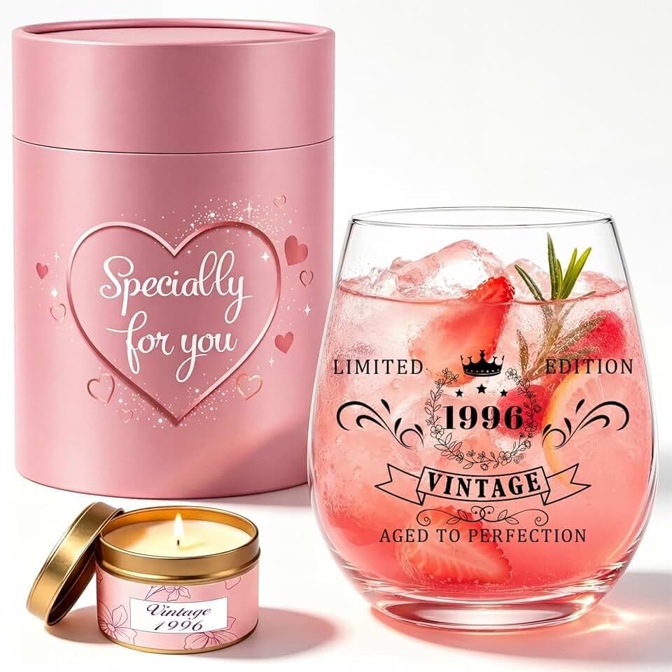 TUZELIYA 30. Geburtstag Geschenk für Frauen - Personalisiertes Vintage-Weinglas-Set 1996 mit Duftkerzen - 30. Geburtstag Deko Geschenkideen für Ihre Beste Freundin Ehefrau Freunde Kollegin Mama