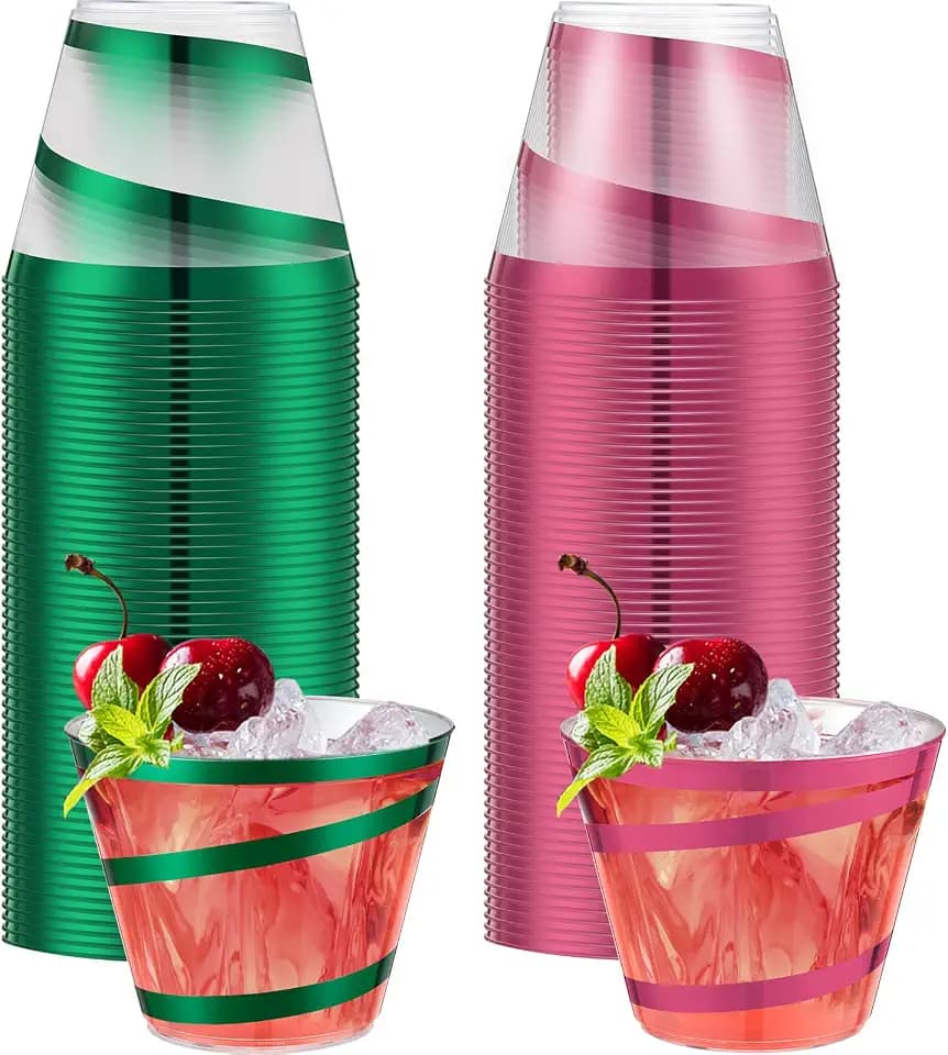 Gejoy 50 Pcs 9 oz Rimmed Swirl Plastic Cup, Pink, Green, Classic