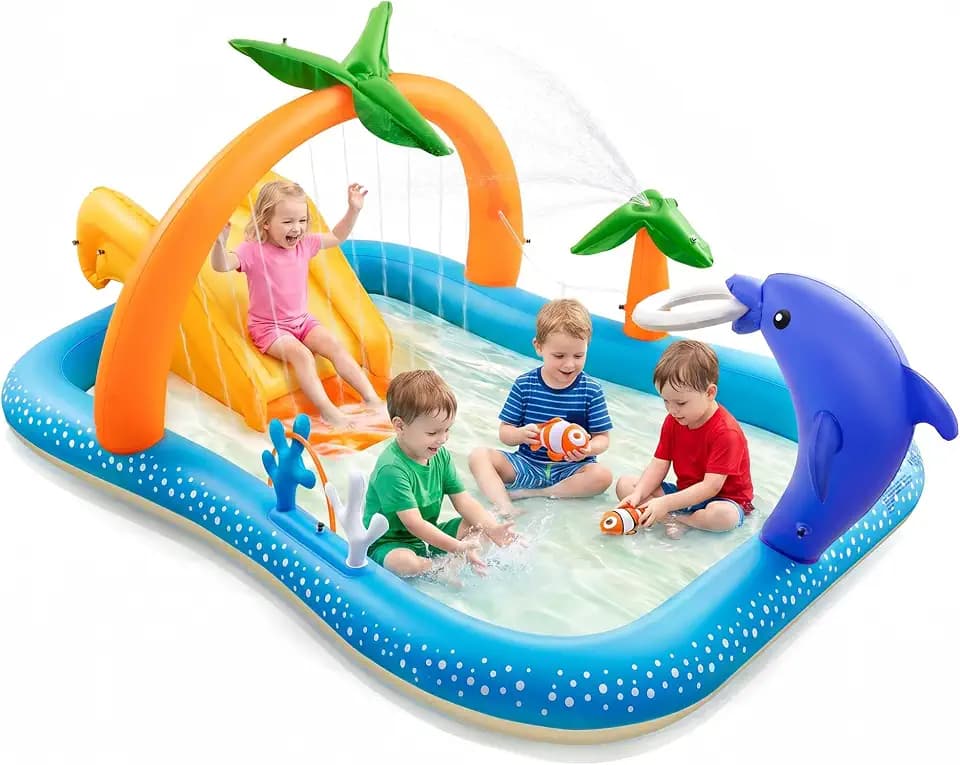 Inflatable Kids Pool, Kiddie Pool with Water Slide, Coconut Palm Sprinkler