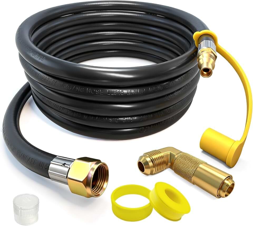 12ft RV Quick Connect Propane Hose for RV to Grill Low Pressure LP Gas Hose w/Elbow Adapter,1/4" Quick Plug x 3/8" Female Flare for Blackstone 17"/22" Griddle/Weber Grill/Camp Chef Stove/Fire Pit etc.