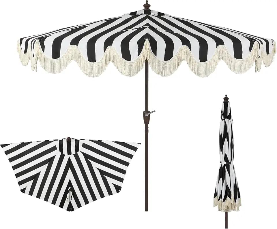JONATHAN Y Beverly 9 ft. Striped Half Umbrella, Black/Dark Brown