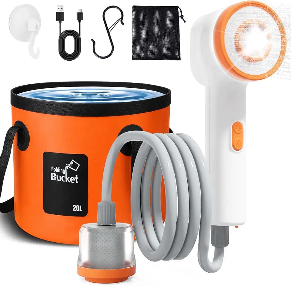 Portable Shower for Camping Tent Kit with LED Lights | 6.6 Gallons Foldable Bucket, 6000mAh Shower Pump, 6' 7" Shower Head, 1500W Immersion Heater, Outdoor Camping Shower for Hiking, Beach