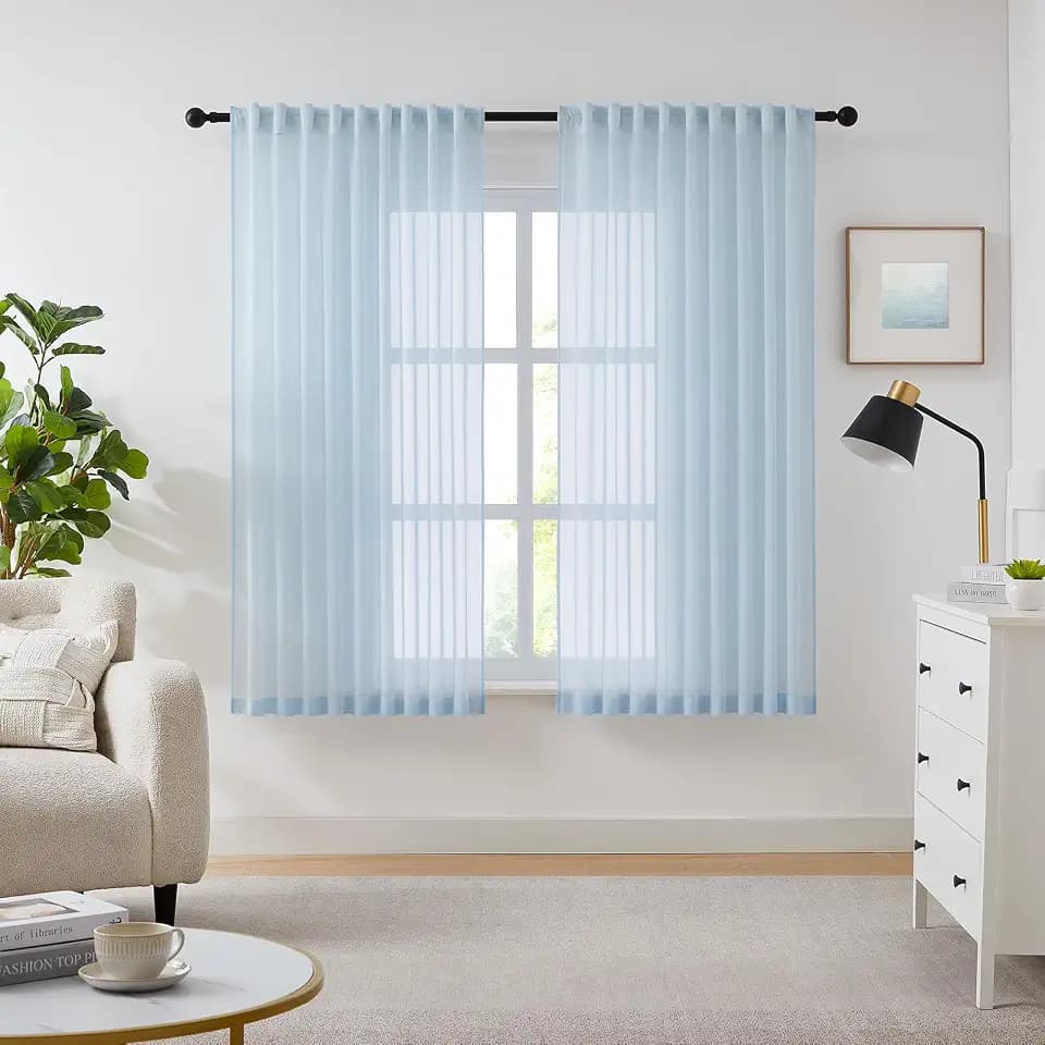 Melodieux Schlafzimmer Gardinen mit Kräuselband, Voile Gardinen Vorhang Himmelblau, 225×137cm (H×B) 2er Set