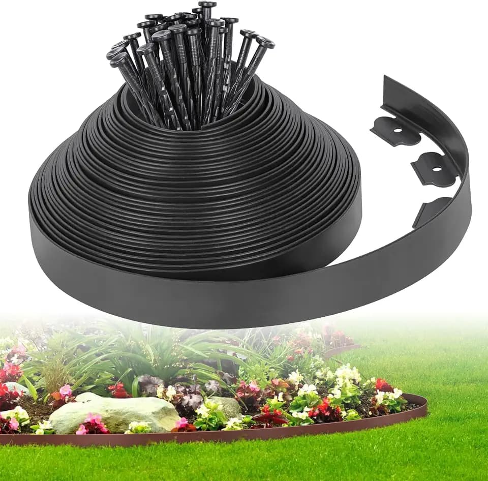 2-Inch x 50 FT Landscape Edging Border with 75 Spikes, Garden Edging Border Lawn Edging Border, Plastic Edging Border Flexible for Garden Flower Beds Lawn Yard Paver Pathway (Black)