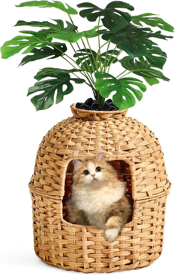 SETVSON Cat Litter Box Plant Furniture Enclosure, Rattan PE House, Natural