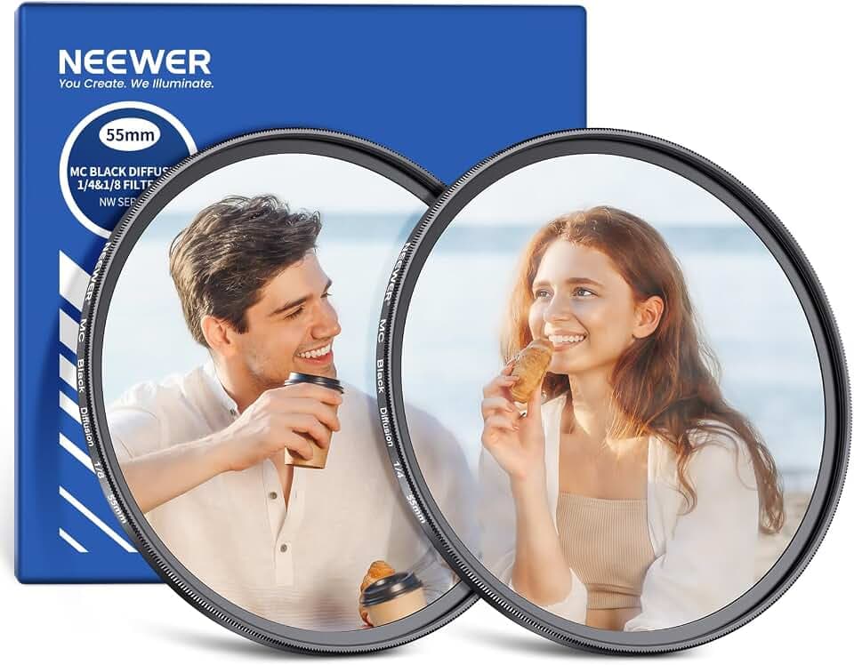 NEEWER 55mm 1/4 & 1/8 Black Diffusion Kamera Objektiv Filter, 2 teiliges Set Kino Effektfilter, mehrfach beschichtetes Glas, Aufbewahrungsetui, Reinigungstuch, für verträumte neblige Porträtfotografie