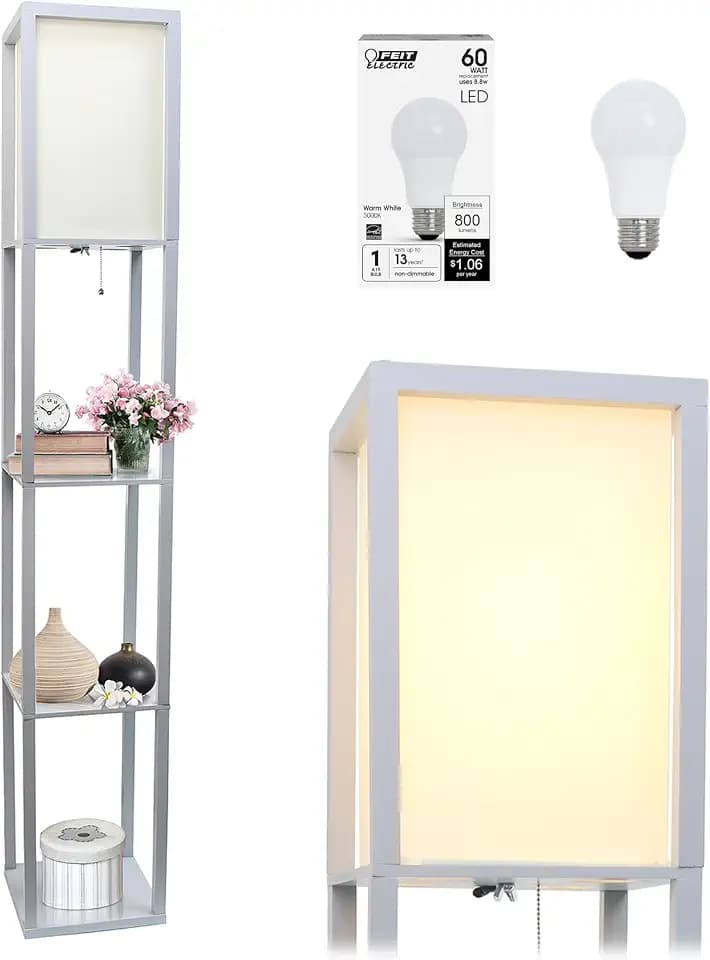 Simple Designs LF1014-GRY-LB Three Shelf Etagere Organizer Storage Floor Lamp with White Linen Shade for Living Room, Bedroom, Office, Hallway, Gray, with Feit LED Bulb Included