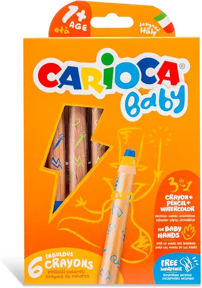 CARIOCA Baby Colors 3-in-1 Crayons for Toddlers, 6 Colors, Colored Pencil, Wax Crayon & Watercolor in One, Extra-Large Ø10 mm Body, Washable Art Supplies, Includes Sharpener