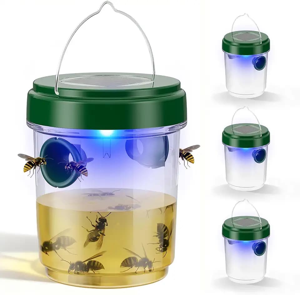 Wasp Trap Outdoor Hanging 4 Pack, Solar Powered Reusable Wasp & Yellow Jacket Trap with LED Light, Carpenter Bee Catcher for Patio, Backyard & Garden